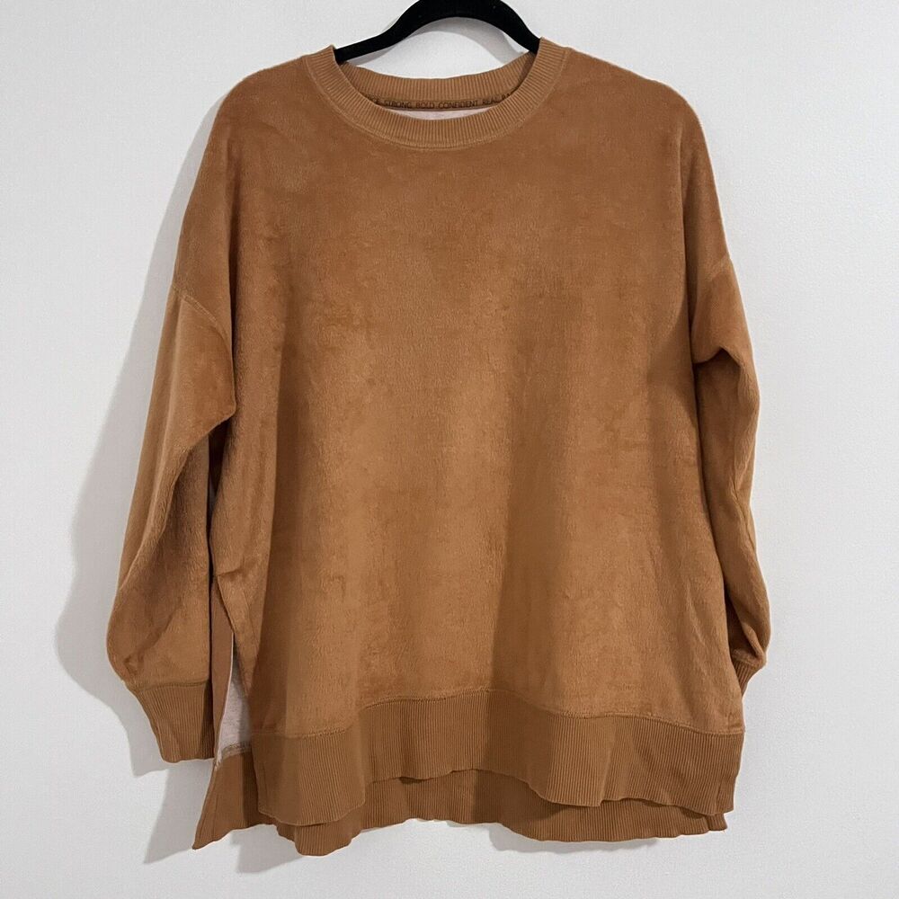 Aerie Crew Neck Fuzzy Sweater Size M Autumn Orange Cozy Side Slit Loungewear